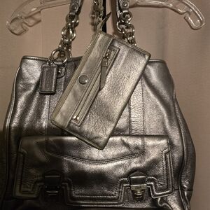 Coach Poppy Metalic Silver Women's Bag With Matching Wallet